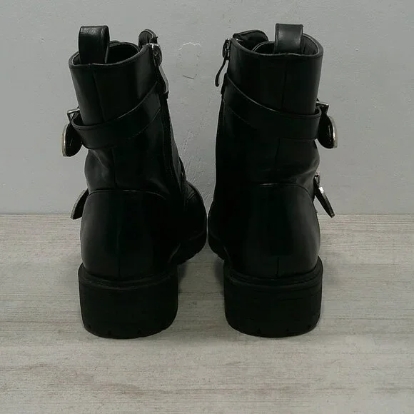 Dolls Kill Combat Moto Lace up Black Boots with Silver Buckle Strap Size 6 - Picture 9 of 13